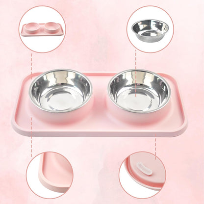 Double Dog Food Bowls with Mat,Stainless Steel Dog Bowls with No Spill Non Skid Silicone Mat Removable Cats Water and Food Bowl Set for Puppy Cats Kitten Small Medium Dogs(Pink)