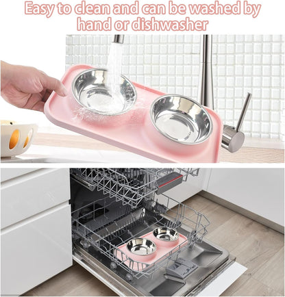 Double Dog Food Bowls with Mat,Stainless Steel Dog Bowls with No Spill Non Skid Silicone Mat Removable Cats Water and Food Bowl Set for Puppy Cats Kitten Small Medium Dogs(Pink)
