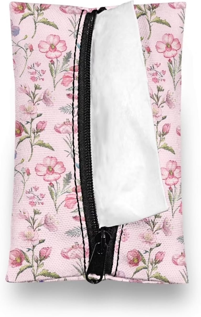 Pink Flower Tissue Holder Reusable Travel Tissue Pouch Fabric Purse Zipper Enclosed Pouches Tissue Holder for Purse Coins for Bag Car Office Home