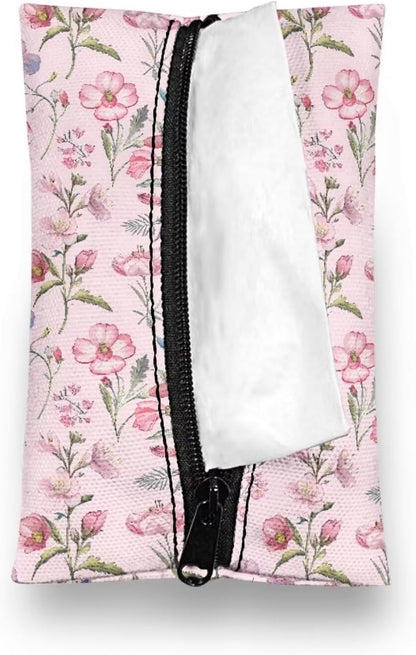 Pink Flower Tissue Holder Reusable Travel Tissue Pouch Fabric Purse Zipper Enclosed Pouches Tissue Holder for Purse Coins for Bag Car Office Home