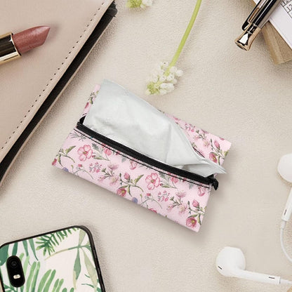 Pink Flower Tissue Holder Reusable Travel Tissue Pouch Fabric Purse Zipper Enclosed Pouches Tissue Holder for Purse Coins for Bag Car Office Home