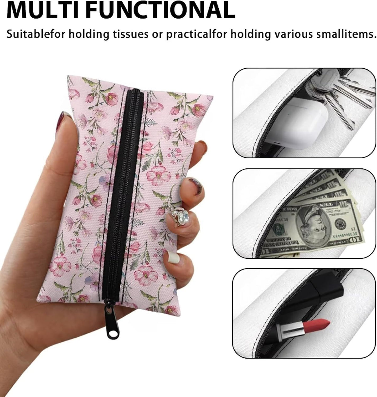 Pink Flower Tissue Holder Reusable Travel Tissue Pouch Fabric Purse Zipper Enclosed Pouches Tissue Holder for Purse Coins for Bag Car Office Home
