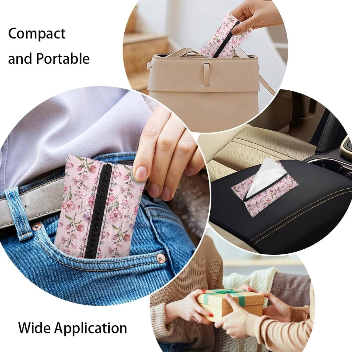 Pink Flower Tissue Holder Reusable Travel Tissue Pouch Fabric Purse Zipper Enclosed Pouches Tissue Holder for Purse Coins for Bag Car Office Home