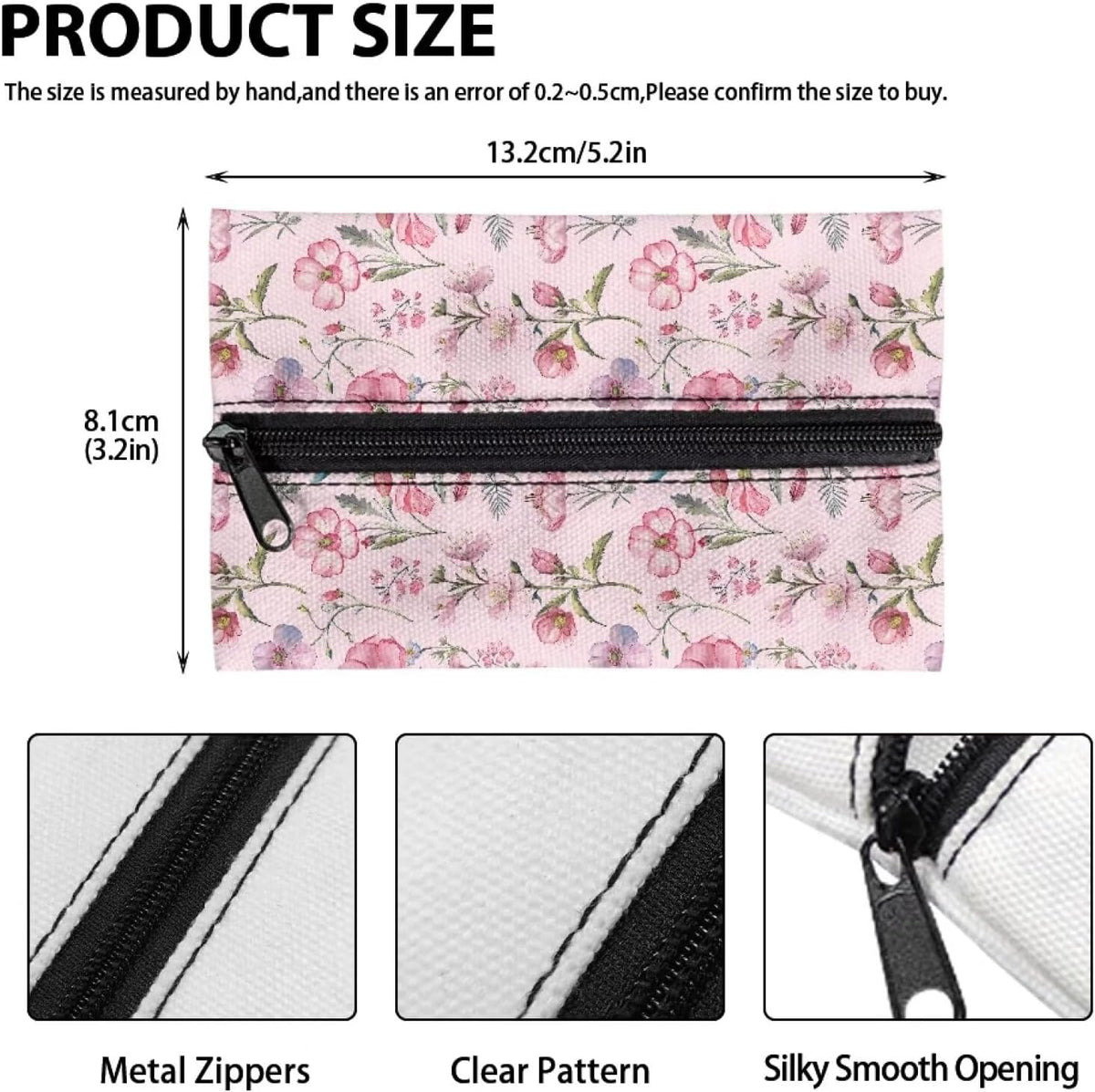 Pink Flower Tissue Holder Reusable Travel Tissue Pouch Fabric Purse Zipper Enclosed Pouches Tissue Holder for Purse Coins for Bag Car Office Home