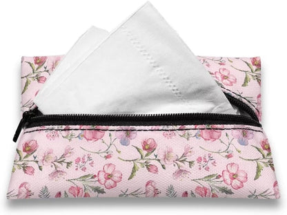 Pink Flower Tissue Holder Reusable Travel Tissue Pouch Fabric Purse Zipper Enclosed Pouches Tissue Holder for Purse Coins for Bag Car Office Home