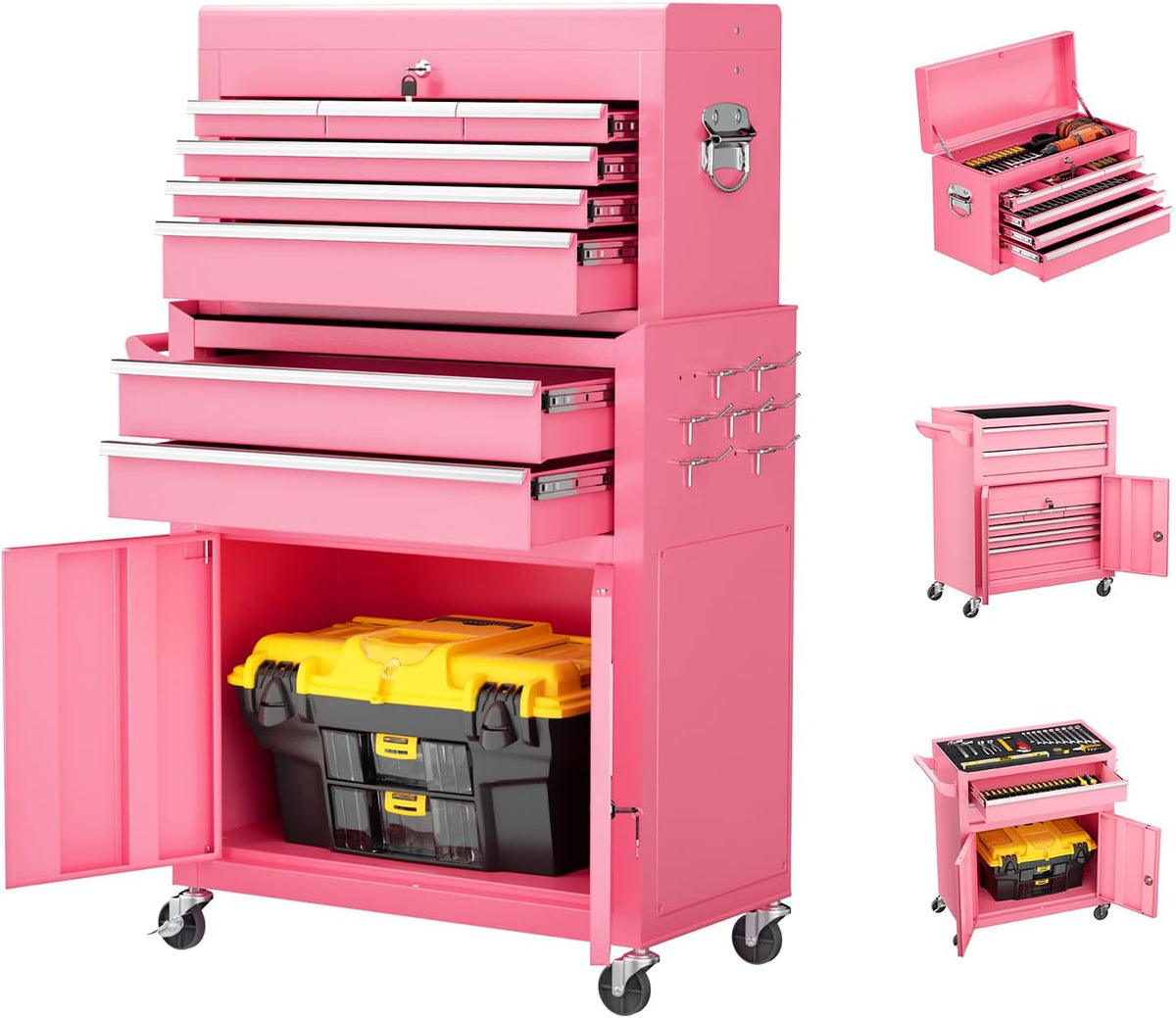 8 Drawer Rolling Tool Chest with Wheels, Pink