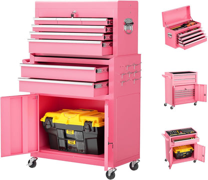 8 Drawer Rolling Tool Chest with Wheels, Pink