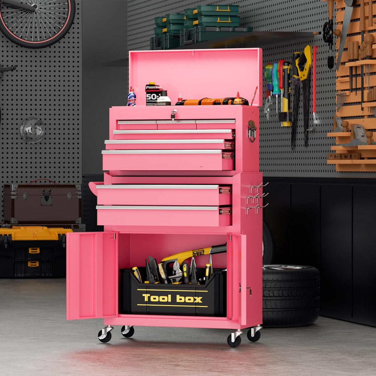 8 Drawer Rolling Tool Chest with Wheels, Pink