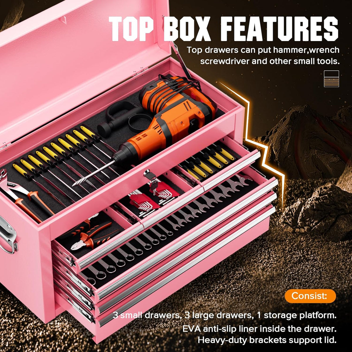 8 Drawer Rolling Tool Chest with Wheels, Pink