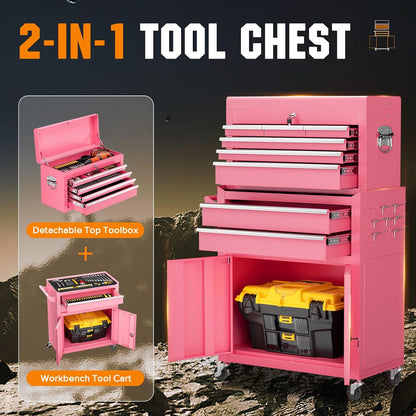 8 Drawer Rolling Tool Chest with Wheels, Pink
