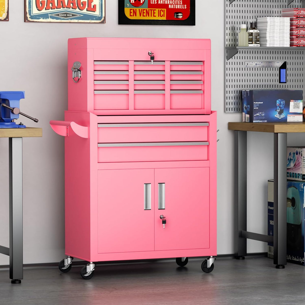 8 Drawer Rolling Tool Chest with Wheels, Pink