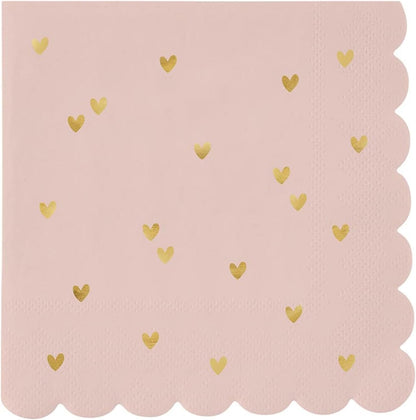 Valentine's Day Party Cocktail Napkins Scalloped Disposable Paper Napkins, 20-Count, Gold Hearts/Blush Pink