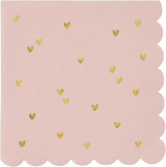 Valentine's Day Party Cocktail Napkins Scalloped Disposable Paper Napkins, 20-Count, Gold Hearts/Blush Pink