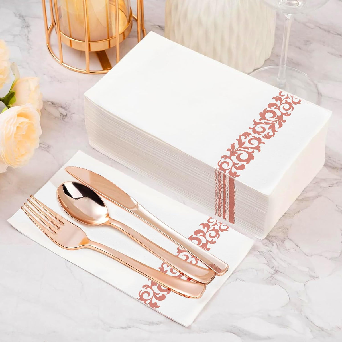 80 Count Rose Gold Guest Towels, 8 x 4.5 Inch Linen-Like Dinner Napkins Set