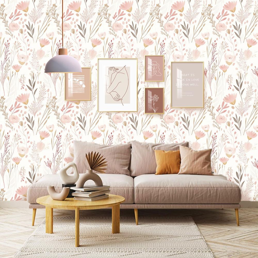Pink Floral Wallpaper Peel and Stick, Boho Self Adhesive Removable Wall Paper for Bedroom Home Decoration 17.7 x 118 Inch