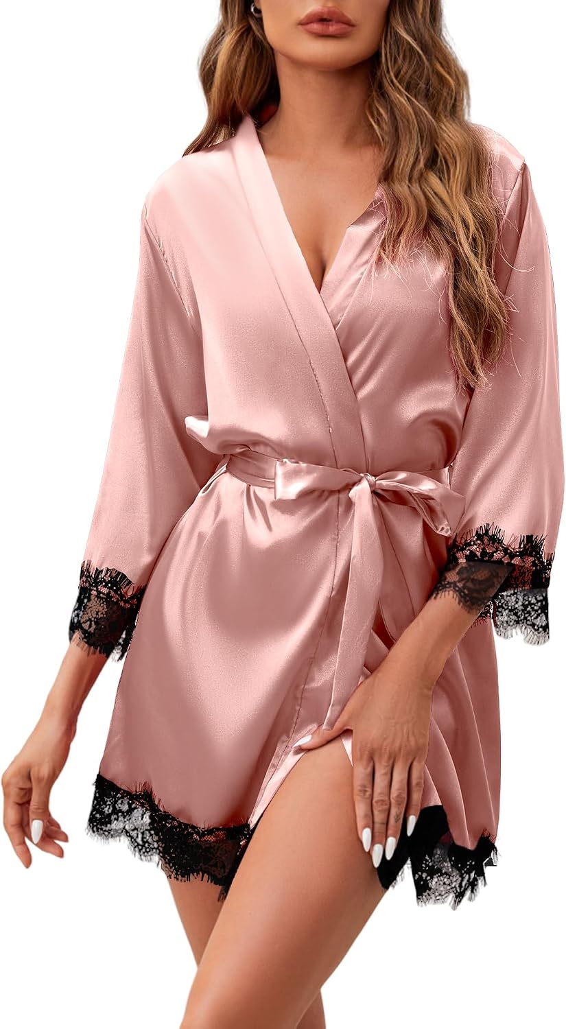 Women's Silk Robe Short Sexy Lace Bride Party Satin Kimono Bathrobe