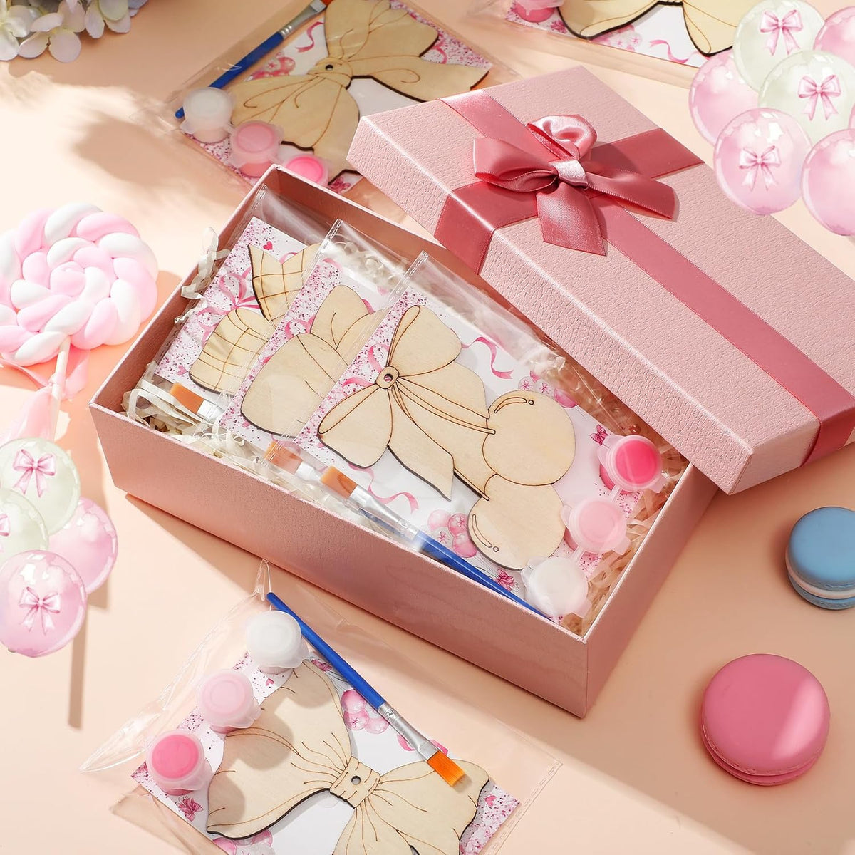 24 Pcs Pink Bow Party Favors Wooden Paint Craft Kits