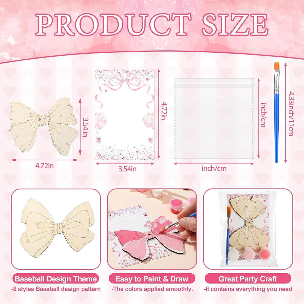 24 Pcs Pink Bow Party Favors Wooden Paint Craft Kits