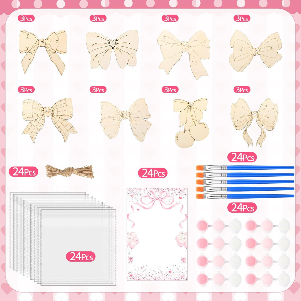 24 Pcs Pink Bow Party Favors Wooden Paint Craft Kits