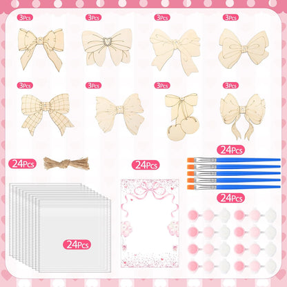 24 Pcs Pink Bow Party Favors Wooden Paint Craft Kits
