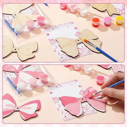 24 Pcs Pink Bow Party Favors Wooden Paint Craft Kits