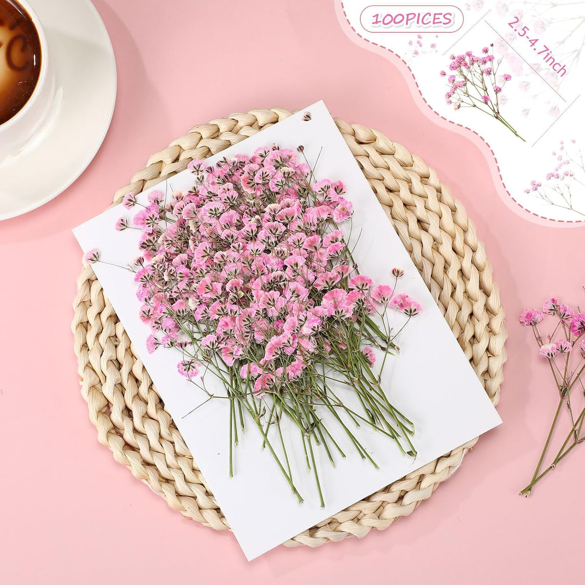 100 Pcs Dried Baby Breath Flowers Bulk Real Pressed,Pink