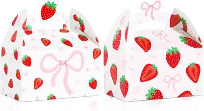 CANDY CHEF Strawberry Party Favor Boxes Coquette Bow Berry Sweet Birthday | Ideal for berry sweet birthdays, baby showers, bridal shower; Sturdy cardstock; holds candy, party favors