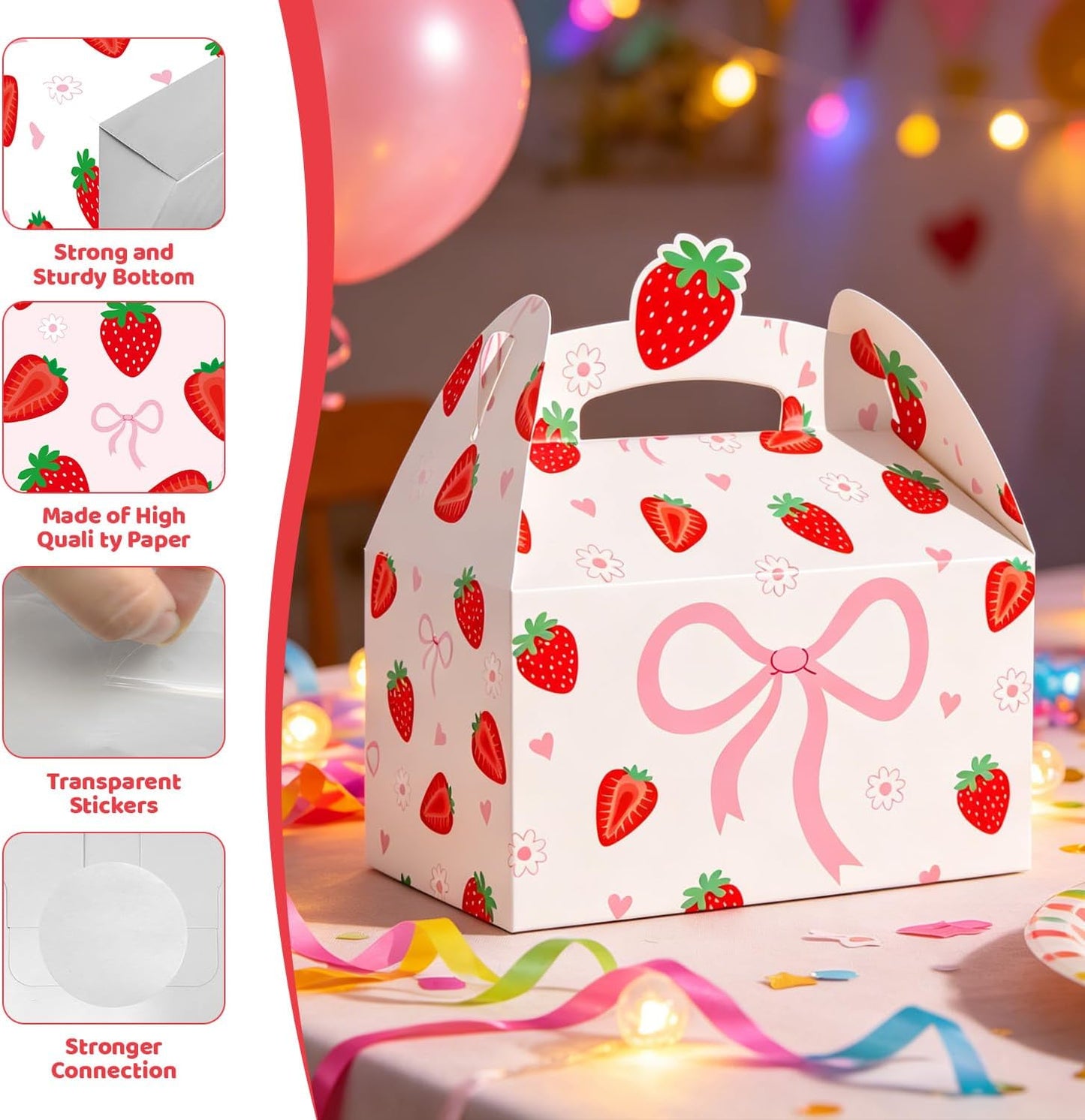 CANDY CHEF Strawberry Party Favor Boxes Coquette Bow Berry Sweet Birthday | Ideal for berry sweet birthdays, baby showers, bridal shower; Sturdy cardstock; holds candy, party favors