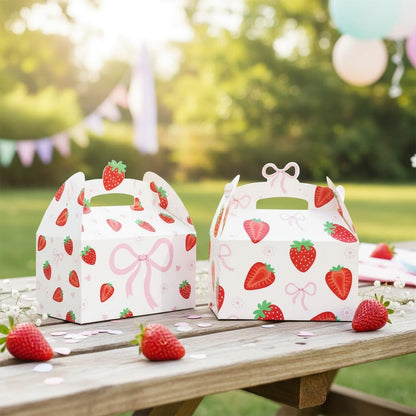 CANDY CHEF Strawberry Party Favor Boxes Coquette Bow Berry Sweet Birthday | Ideal for berry sweet birthdays, baby showers, bridal shower; Sturdy cardstock; holds candy, party favors