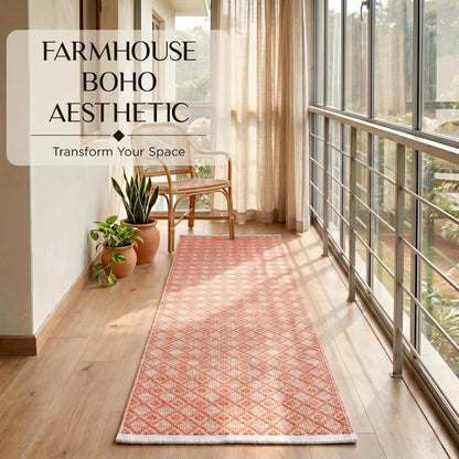 Cotton Diamond Woven Runner Rug 2x6 Feet - Dusty Pink