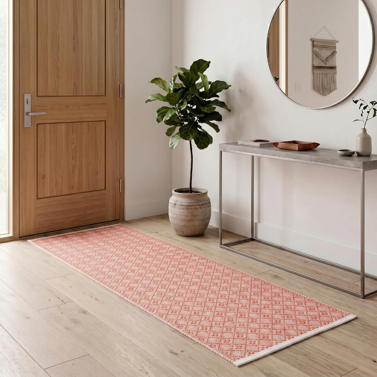 Cotton Diamond Woven Runner Rug 2x6 Feet - Dusty Pink