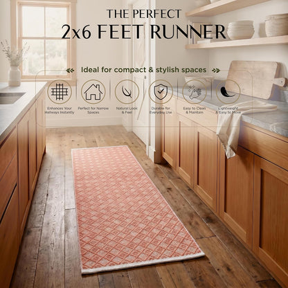 Cotton Diamond Woven Runner Rug 2x6 Feet - Dusty Pink