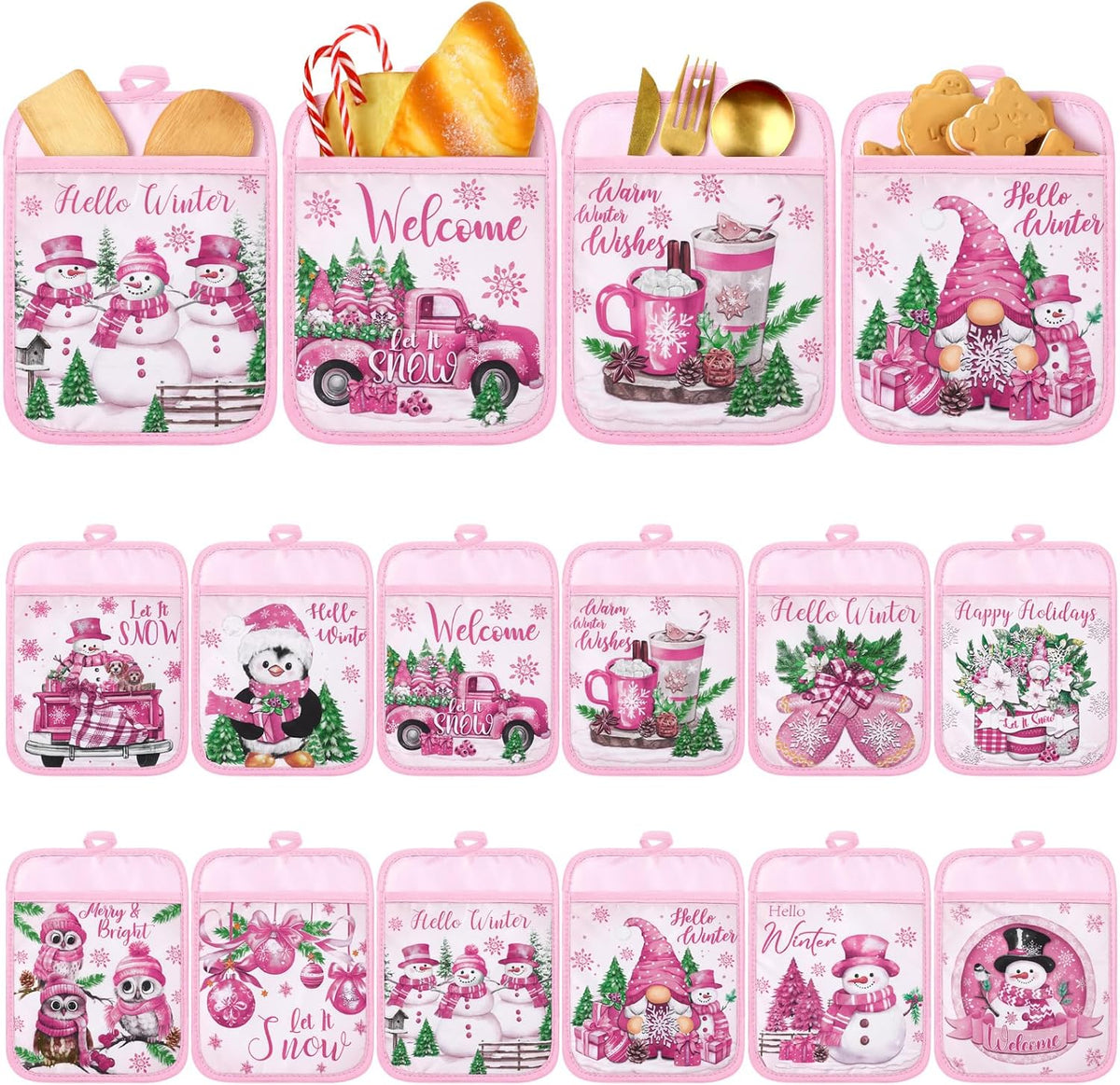 12 Pcs Pink Christmas Pot Holders with Pocket Hello Winter Snowflake Pot Holders Gift Bulk Snowman Gnome Heat Resistant Hot Pads Oven Mitts Cute Oven Gloves for Xmas Kitchen Baking Cooking
