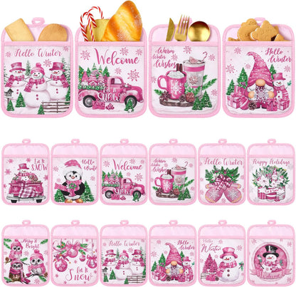 12 Pcs Pink Christmas Pot Holders with Pocket Hello Winter Snowflake Pot Holders Gift Bulk Snowman Gnome Heat Resistant Hot Pads Oven Mitts Cute Oven Gloves for Xmas Kitchen Baking Cooking
