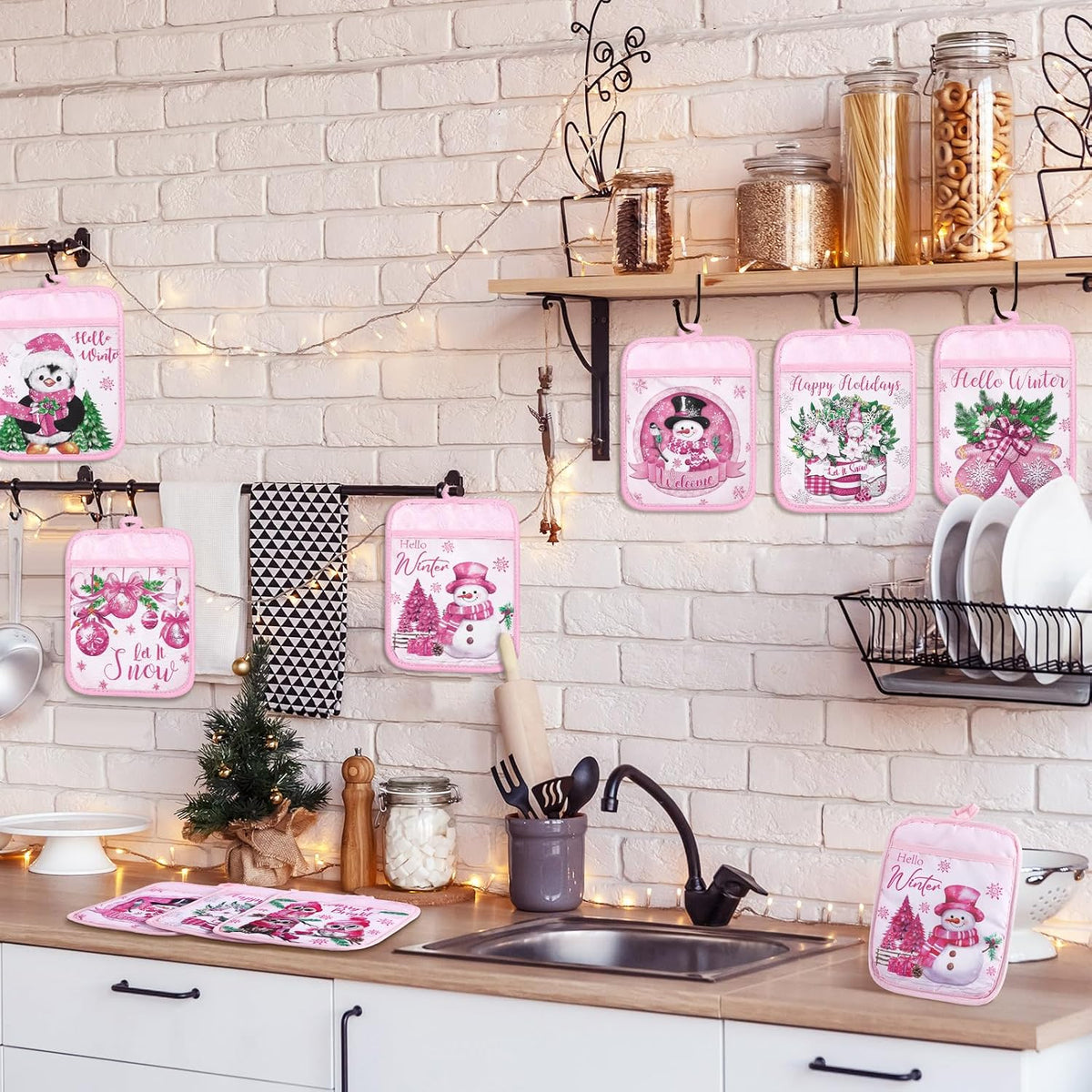 12 Pcs Pink Christmas Pot Holders with Pocket Hello Winter Snowflake Pot Holders Gift Bulk Snowman Gnome Heat Resistant Hot Pads Oven Mitts Cute Oven Gloves for Xmas Kitchen Baking Cooking