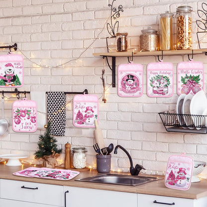 12 Pcs Pink Christmas Pot Holders with Pocket Hello Winter Snowflake Pot Holders Gift Bulk Snowman Gnome Heat Resistant Hot Pads Oven Mitts Cute Oven Gloves for Xmas Kitchen Baking Cooking