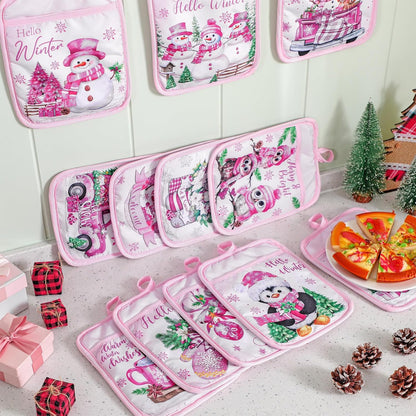 12 Pcs Pink Christmas Pot Holders with Pocket Hello Winter Snowflake Pot Holders Gift Bulk Snowman Gnome Heat Resistant Hot Pads Oven Mitts Cute Oven Gloves for Xmas Kitchen Baking Cooking