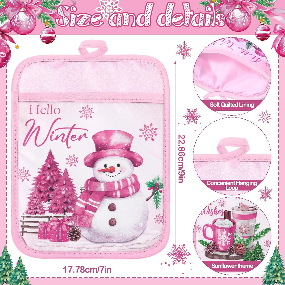 12 Pcs Pink Christmas Pot Holders with Pocket Hello Winter Snowflake Pot Holders Gift Bulk Snowman Gnome Heat Resistant Hot Pads Oven Mitts Cute Oven Gloves for Xmas Kitchen Baking Cooking