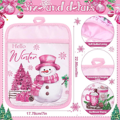 12 Pcs Pink Christmas Pot Holders with Pocket Hello Winter Snowflake Pot Holders Gift Bulk Snowman Gnome Heat Resistant Hot Pads Oven Mitts Cute Oven Gloves for Xmas Kitchen Baking Cooking