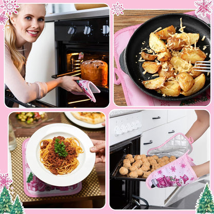 12 Pcs Pink Christmas Pot Holders with Pocket Hello Winter Snowflake Pot Holders Gift Bulk Snowman Gnome Heat Resistant Hot Pads Oven Mitts Cute Oven Gloves for Xmas Kitchen Baking Cooking