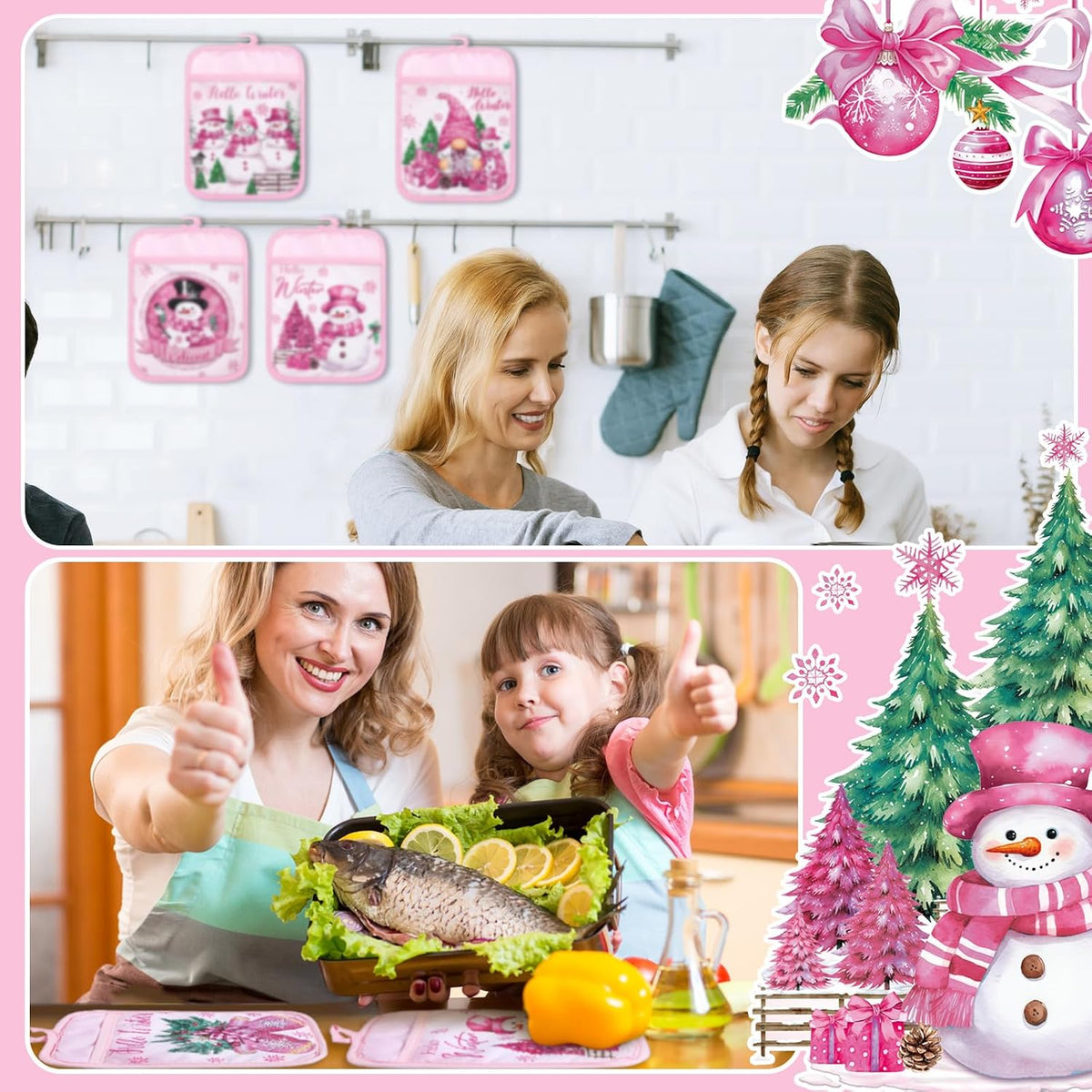 12 Pcs Pink Christmas Pot Holders with Pocket Hello Winter Snowflake Pot Holders Gift Bulk Snowman Gnome Heat Resistant Hot Pads Oven Mitts Cute Oven Gloves for Xmas Kitchen Baking Cooking