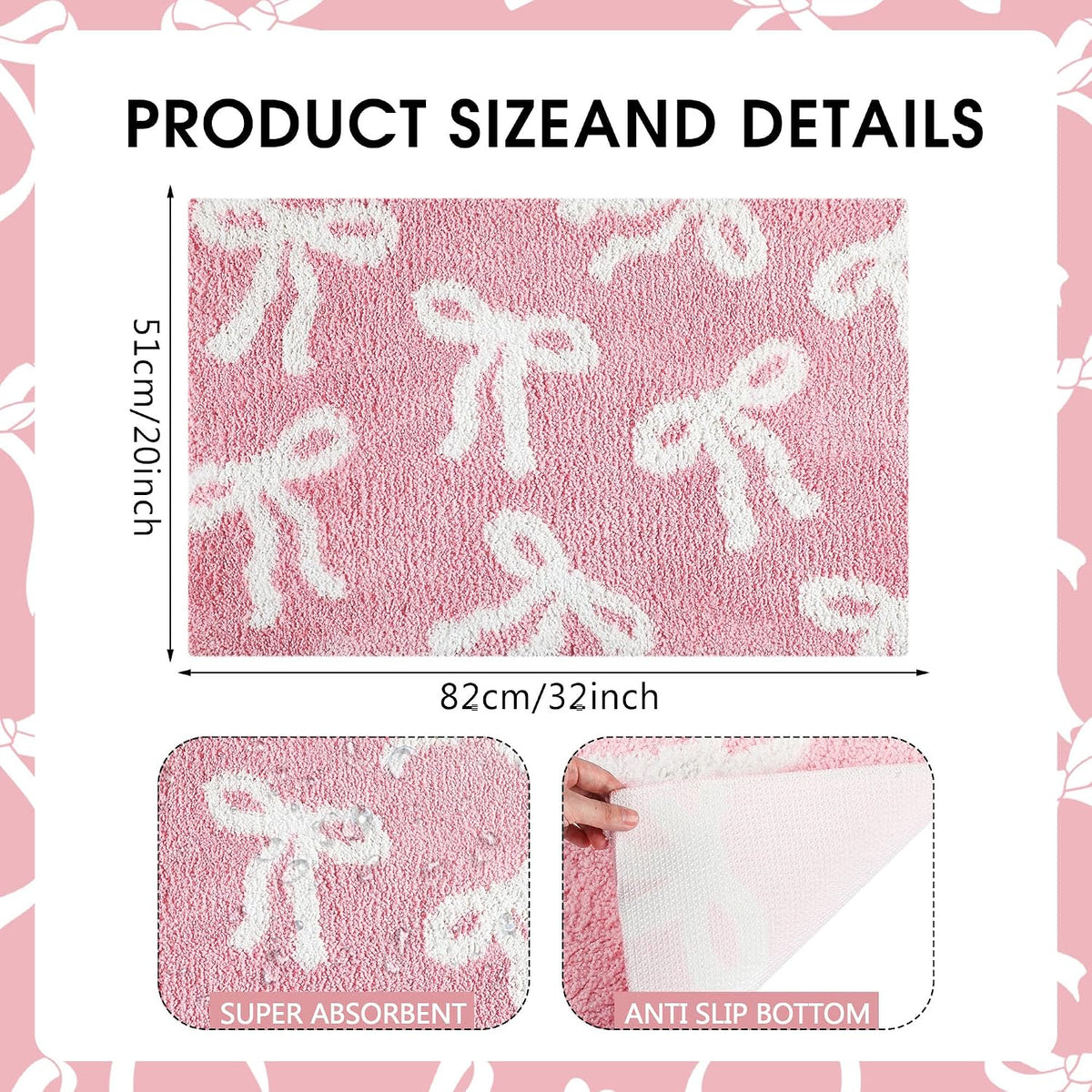 Pink Bow Bathroom Rug Dorm Room Decor 20 x 32 Inch