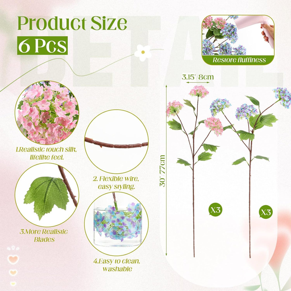 Riceshoot 6 Pcs 30" Hydrangea Artificial Flowers,Pink, Blue