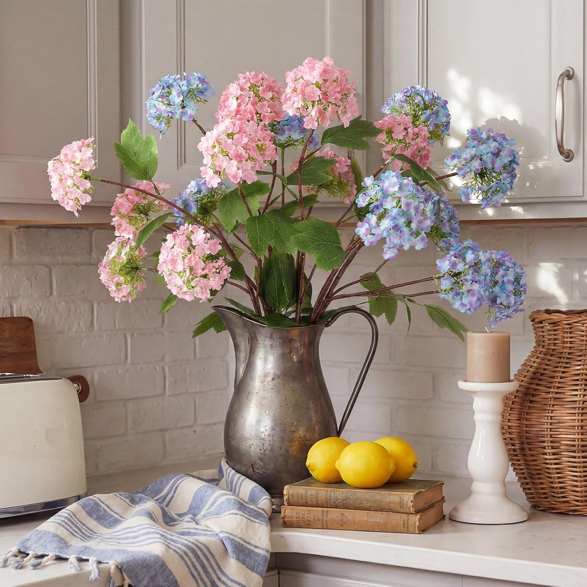 Riceshoot 6 Pcs 30" Hydrangea Artificial Flowers,Pink, Blue