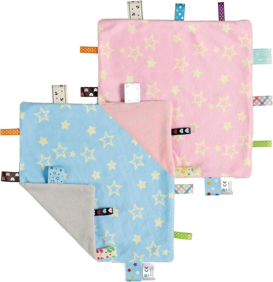 Tag Security Blankets for Babies, Soft Small Loveys for Boys, Baby Comforter Sensory Blanket, Great Gifts for Birthday Baby Shower - 10"X10" Pink Star + Blue Star