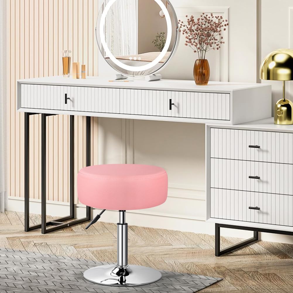 Adjustable Vanity Stool for Makeup Room Swivel Makeup Stool Small Round Ottoman for Living Room Makeup Chair for Bedroom SPA Salon Studio (Pink)