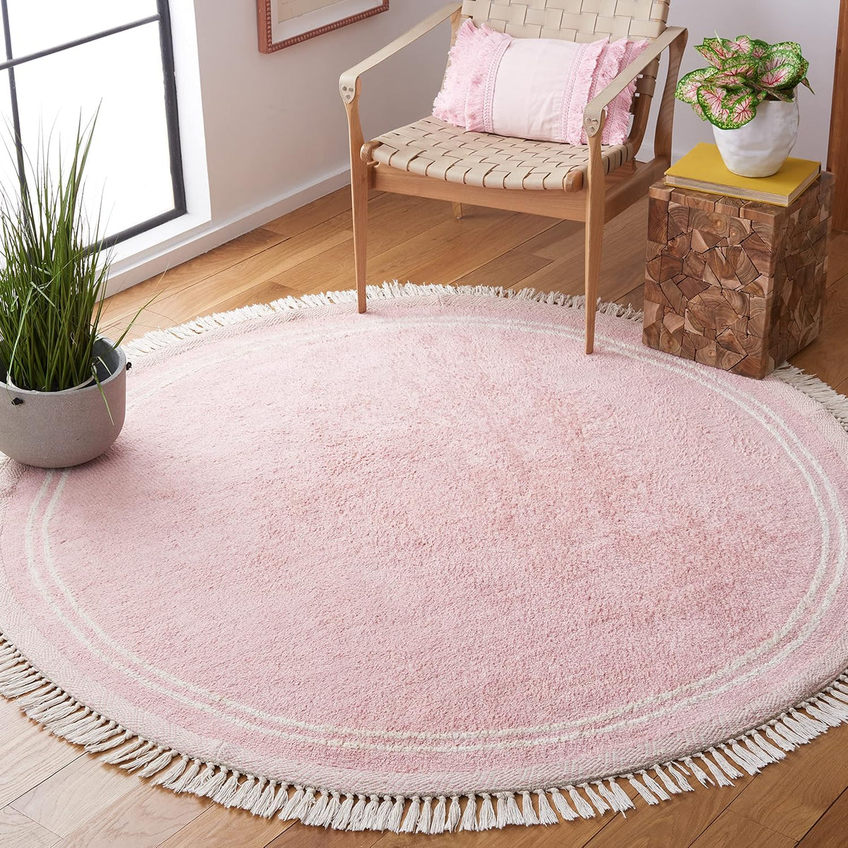 Washable Rug Easy Care Collection - 6' Round, Pink & Ivory, Handmade Cotton, Easy to Clean, Ideal for Living Room, Bedroom, Dining Space (ECR211U)