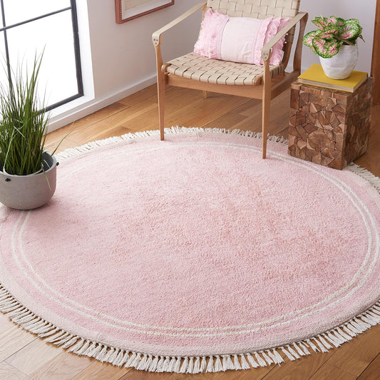 Washable Rug Easy Care Collection - 6' Round, Pink & Ivory, Handmade Cotton, Easy to Clean, Ideal for Living Room, Bedroom, Dining Space (ECR211U)
