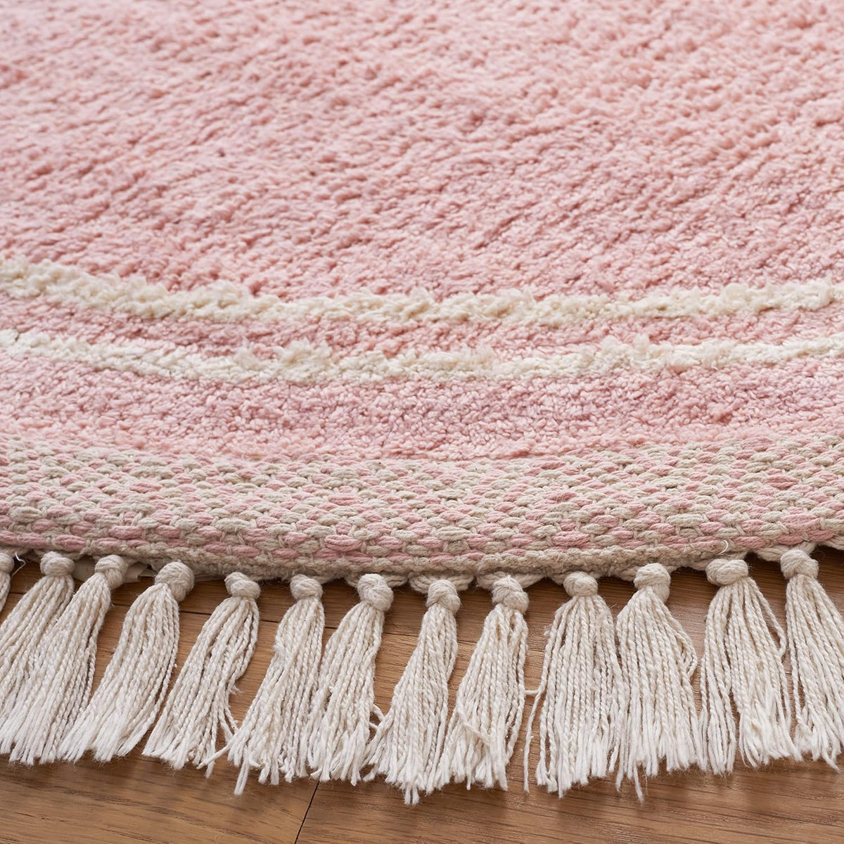 Washable Rug Easy Care Collection - 6' Round, Pink & Ivory, Handmade Cotton, Easy to Clean, Ideal for Living Room, Bedroom, Dining Space (ECR211U)