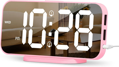 Pink Mirror Digital Alarm Clock for Girls & Teens, Dual Alarms, Snooze, Adjustable Brightness, 2 USB Ports, Weekday Display, Cute Bedside Clock for Kids, Bedroom, Desk, Dorm, Gift Idea